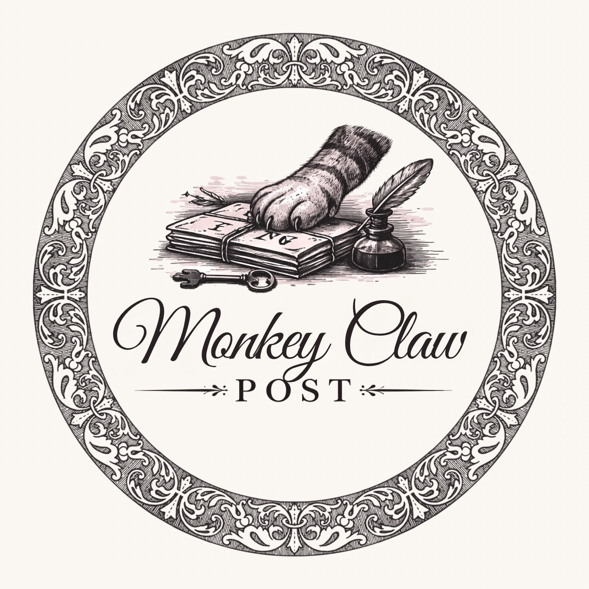 A vintage-style logo for "Monkey Claw Post" featuring a monkey's paw holding a stack of paper bills, with an ink quill, ink bottle, and a vintage key around it, all framed by an ornate circular border.