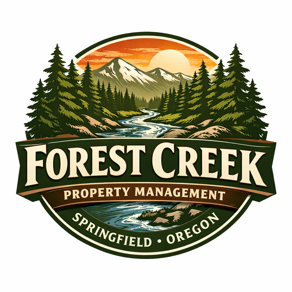 Logo for Forest Creek Property Management in Springfield, Oregon, featuring a mountain landscape with pine trees, a river, and a sunset or sunrise.