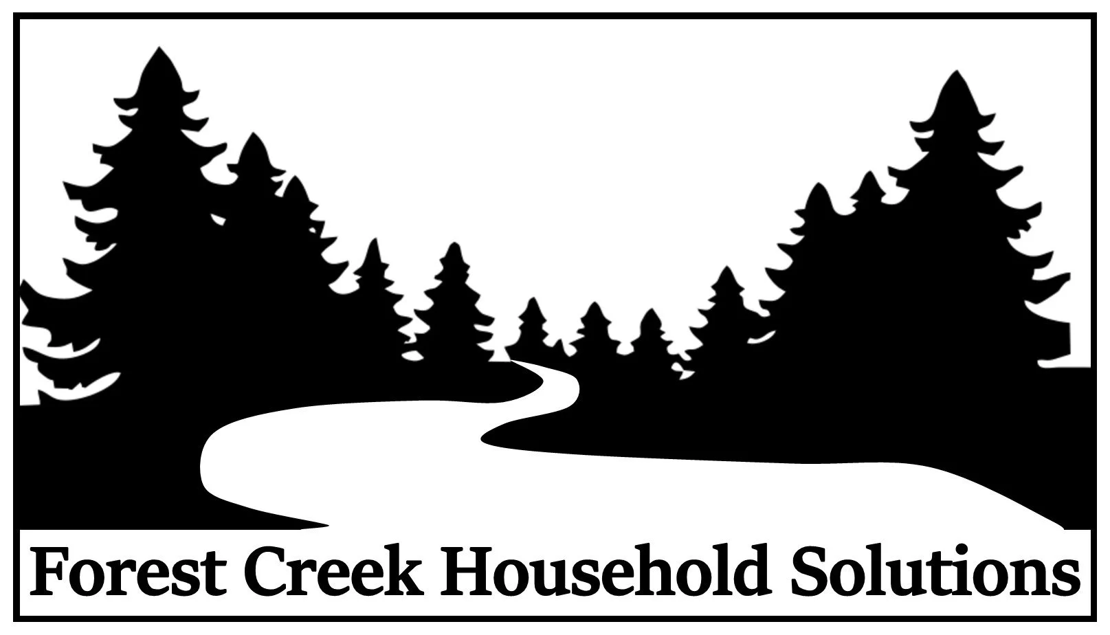 Black and white logo of a wooded landscape with a winding creek and tall pine trees, with the text 'Forest Creek Household Solutions' beneath.