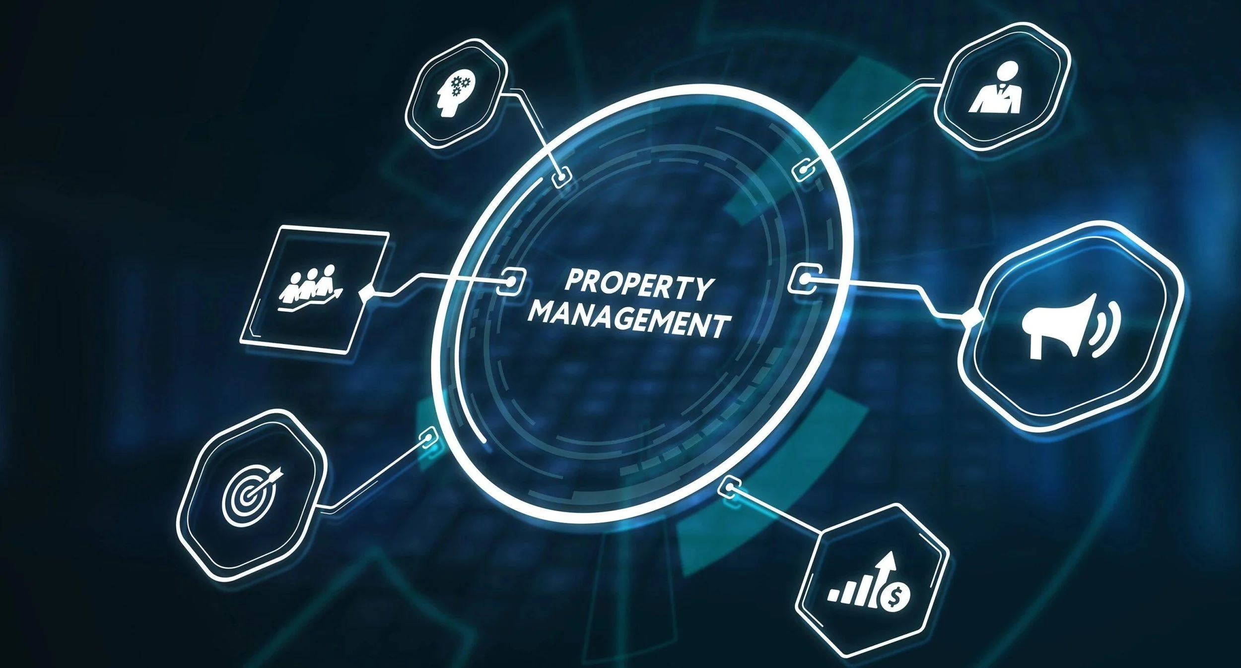 Digital graphic showing property management concept with icons for team, target, development, communication, and growth surrounding a central circle labeled 'PROPERTY MANAGEMENT'.