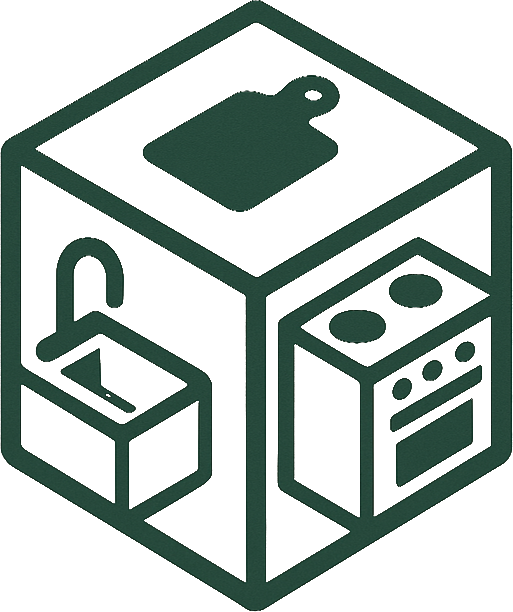 Line drawing of a kitchen with a cutting board on top of a cube, a faucet connected to a sink, and a stove with burners and an oven.