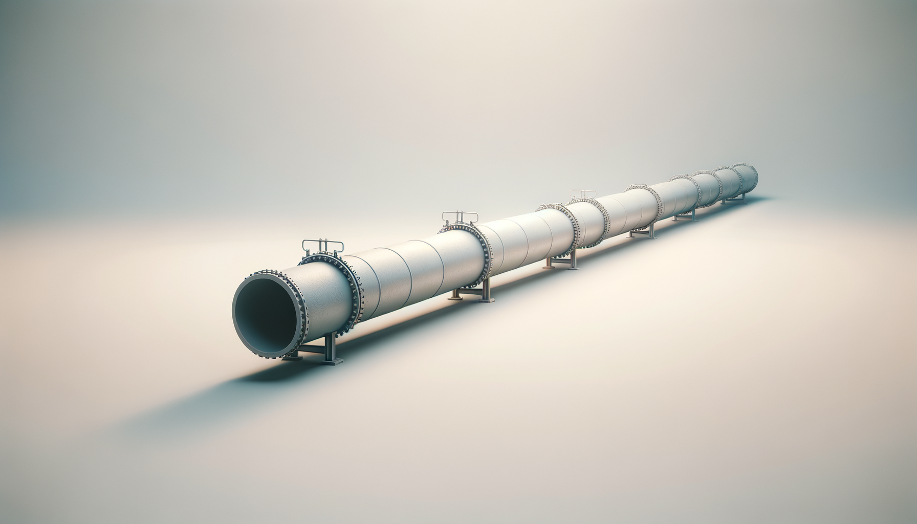 A large industrial pipeline running along a flat surface with a light-colored background.