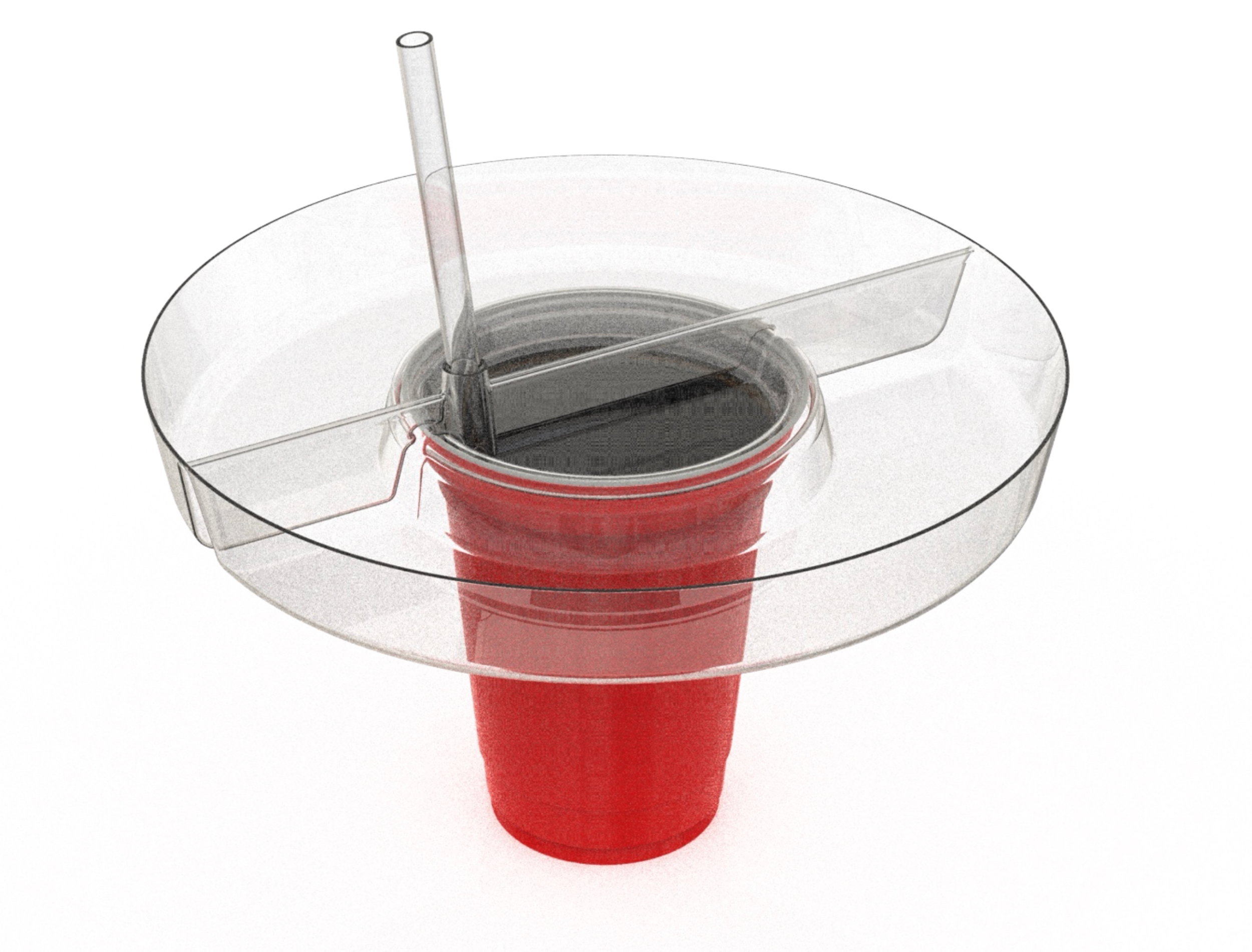 A red cup with a black liquid, a clear lid with a straw, and a transparent tray.