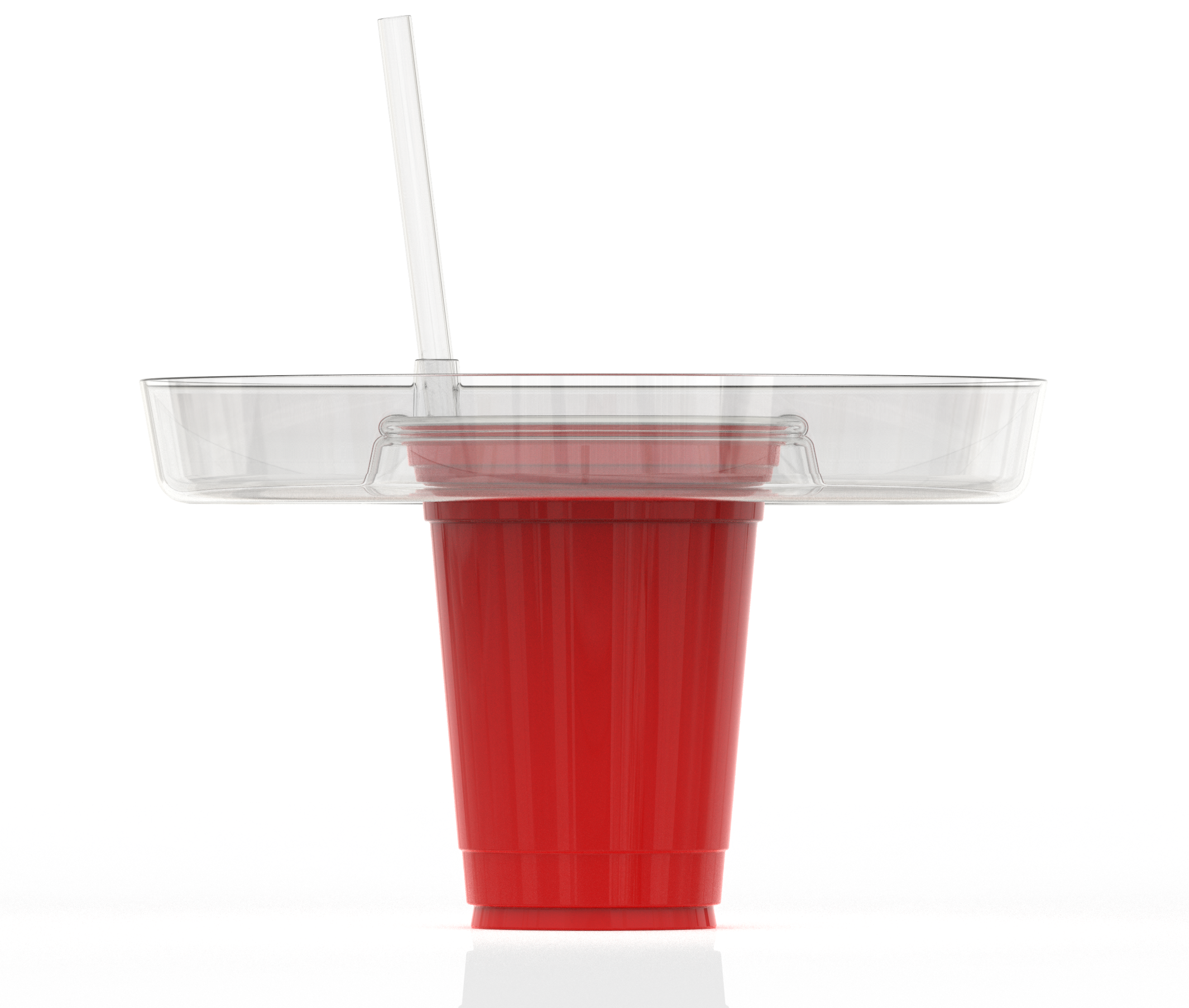 A red plastic cup with a clear plastic lid and a straw inside the lid.