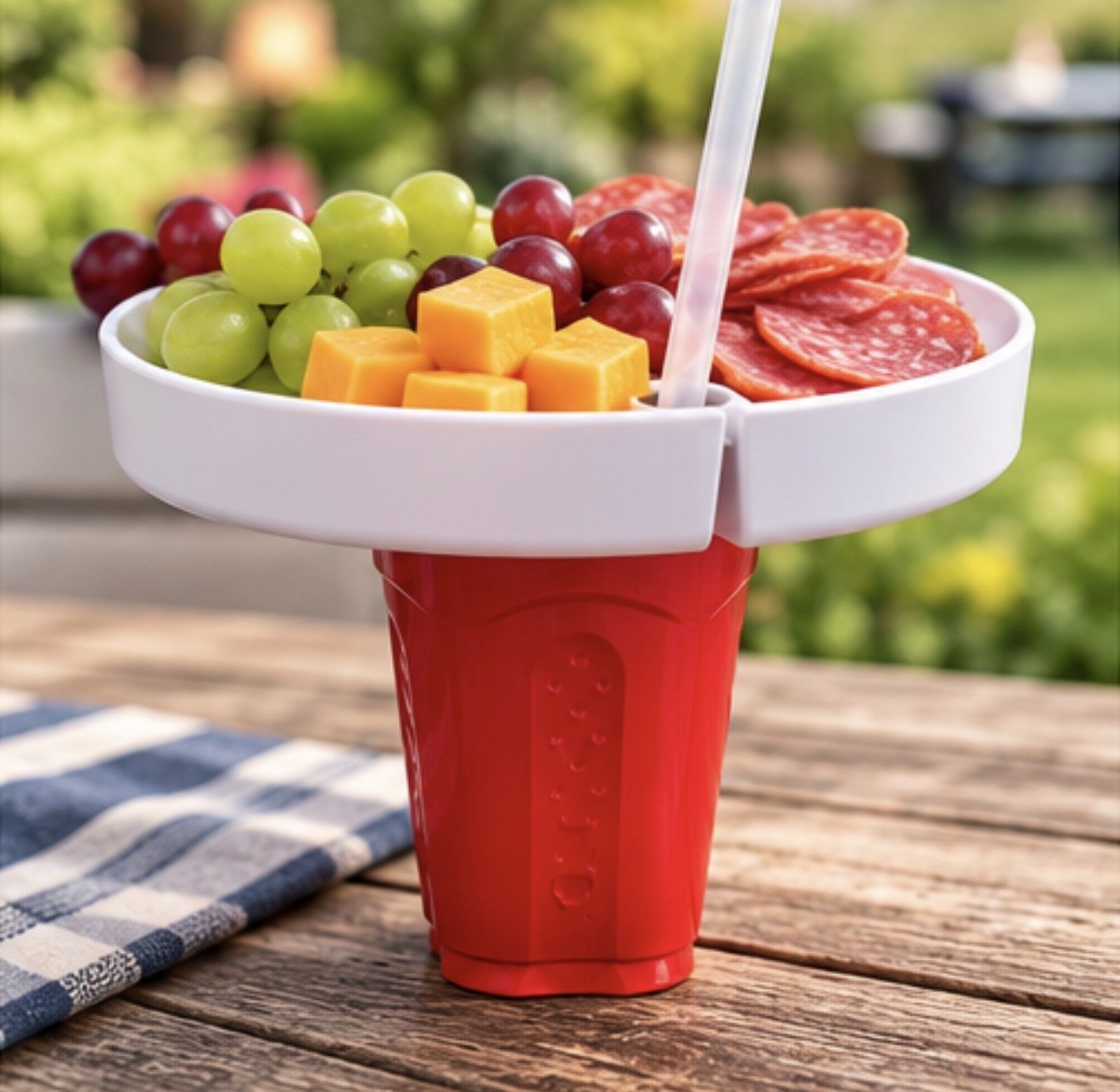 A red cup with a white lid, filled with green grapes, red grapes, cubed cheese, and sliced pepperoni, with a plastic straw in the lid, placed on a wooden table outdoors.