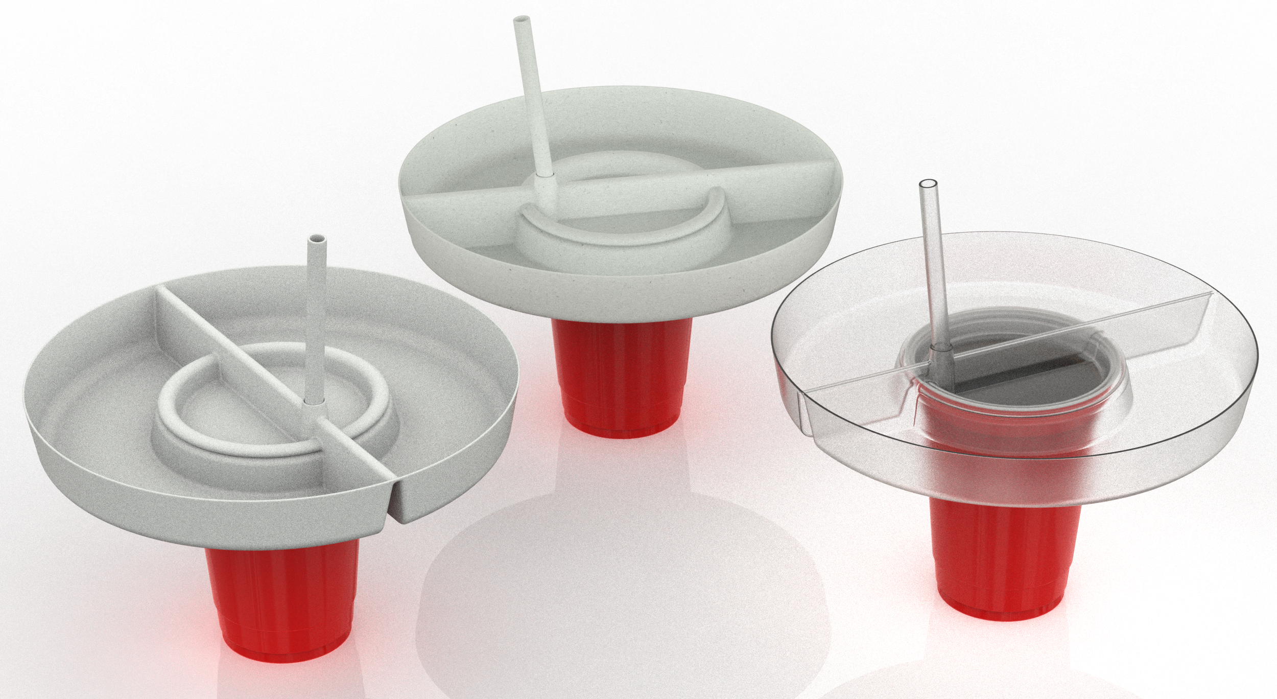 Three plastic cup lids with straws and drink compartments, each placed on a red cup, one lid with a clear cover, one with a dome cover, and one with a flat cover.
