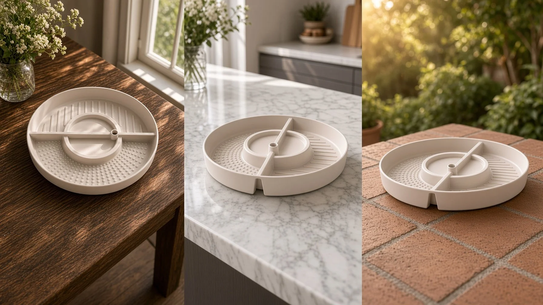 Three identical white round modern spice organizers with compartments and slots, placed on different surfaces: a wooden table, a marble countertop, and a brick patio.