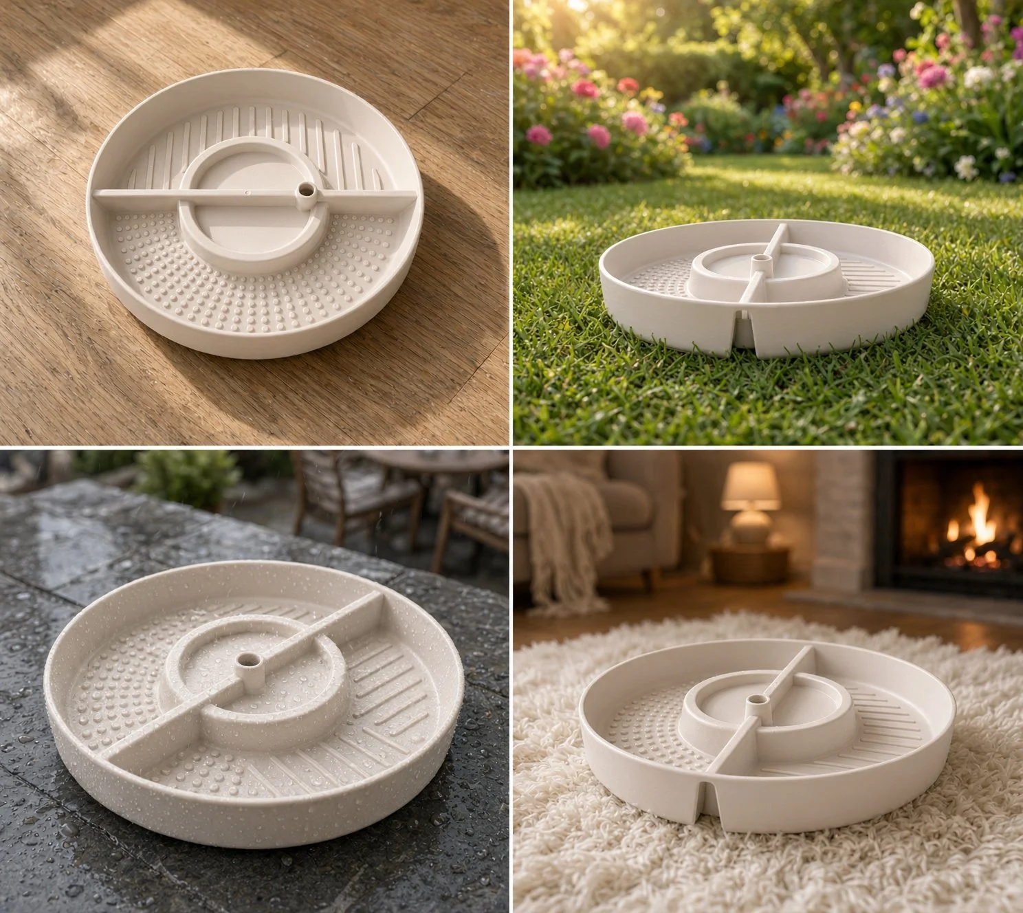 A collage of four images showing a white, circular tabletop beer game with a divider and small holes, placed on various surfaces and locations: hardwood floor, garden with flowers, outdoor table, and living room with a fireplace.
