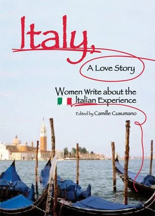 Book cover titled 'Italy: A Love Story,' edited by Camille Cusumano, featuring a watercolor image of a harbor with boats and historic buildings in the background.
