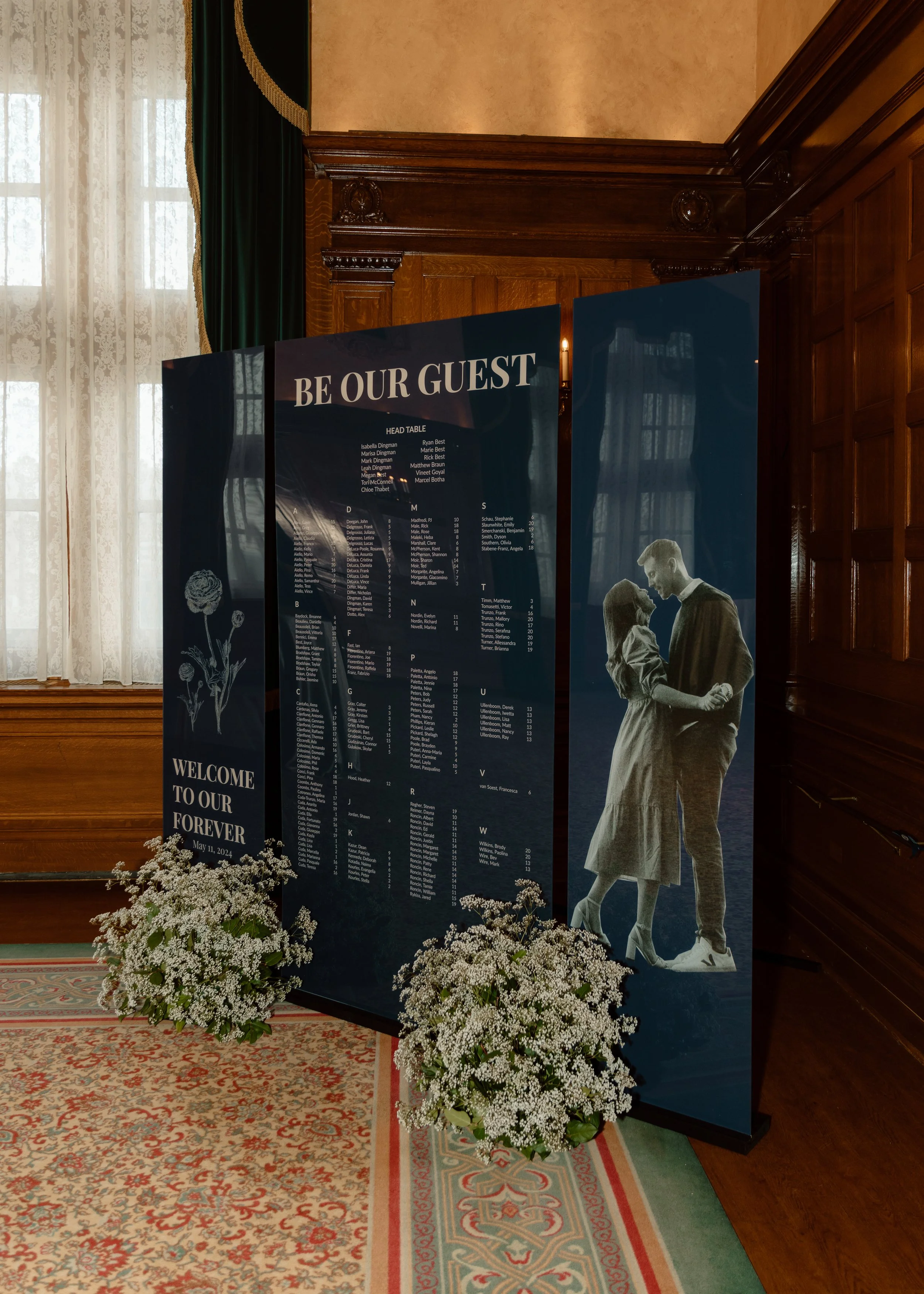 Velluto Events Co. Wedding Seating Chart. A wedding seating chart with a vintage photo of a couple dancing. The chart is titled 'BE OUR GUEST', includes a table for the head table, and has floral decorations at the base. The background shows a wooden