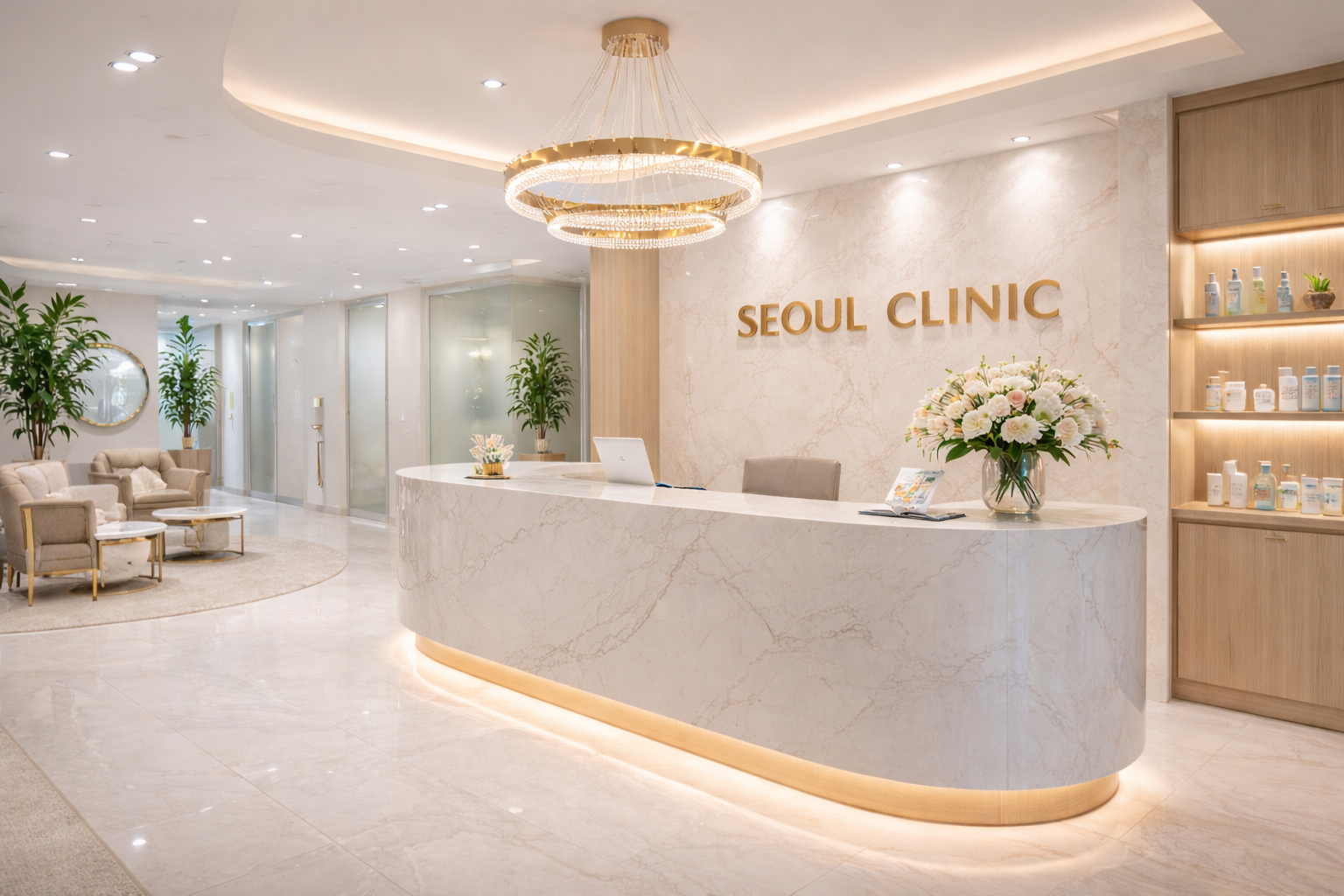 the lobby of a very fancy and upscale beauty clinic in Seoul with the name "Seoul Clinic" behind the desk