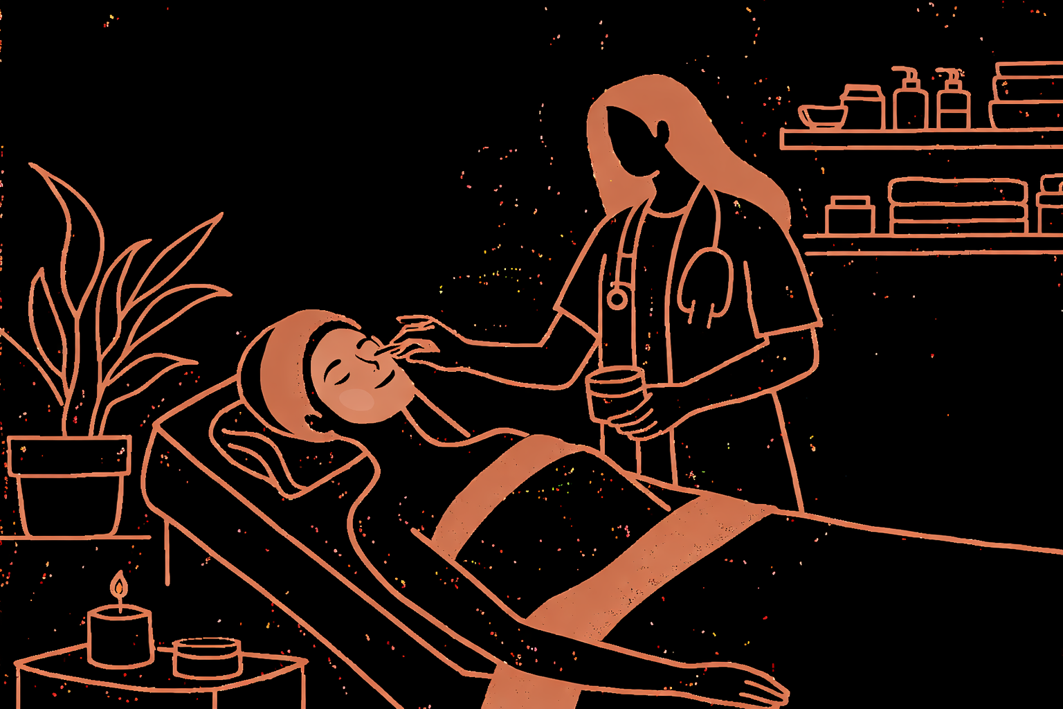 Line drawing of a nurse giving an injection to a patient lying in a hospital bed.
