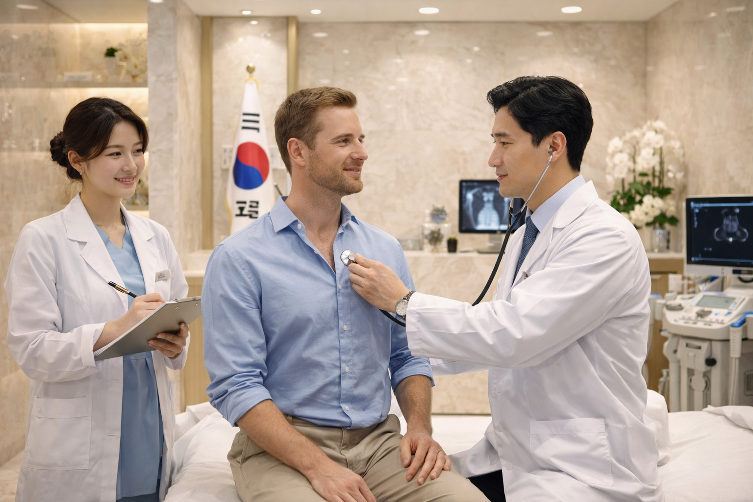 A man receiving a medical exam from 2 doctors with a Korean flag in the background