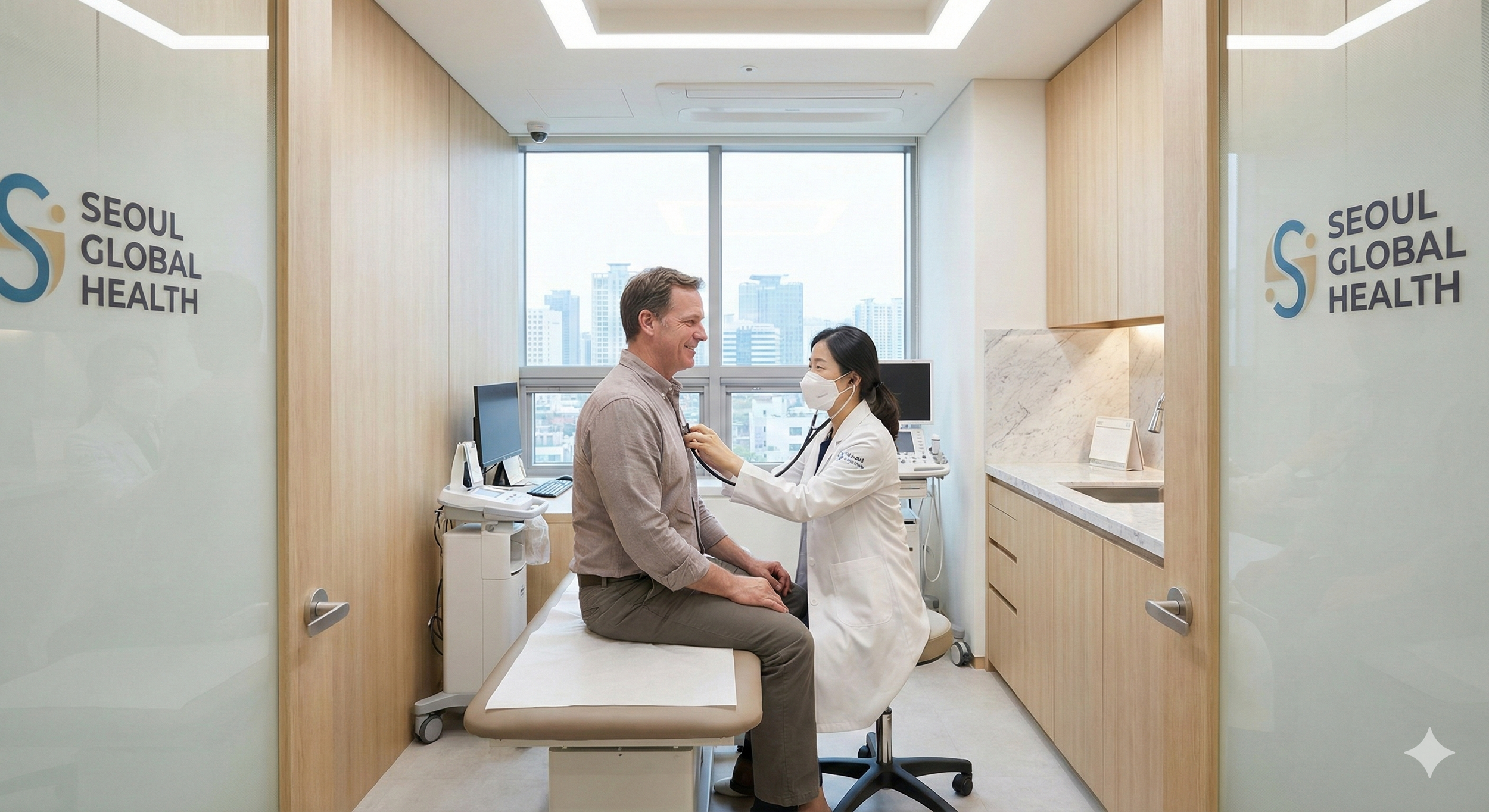 A man receiving a medical exam from a female doctor