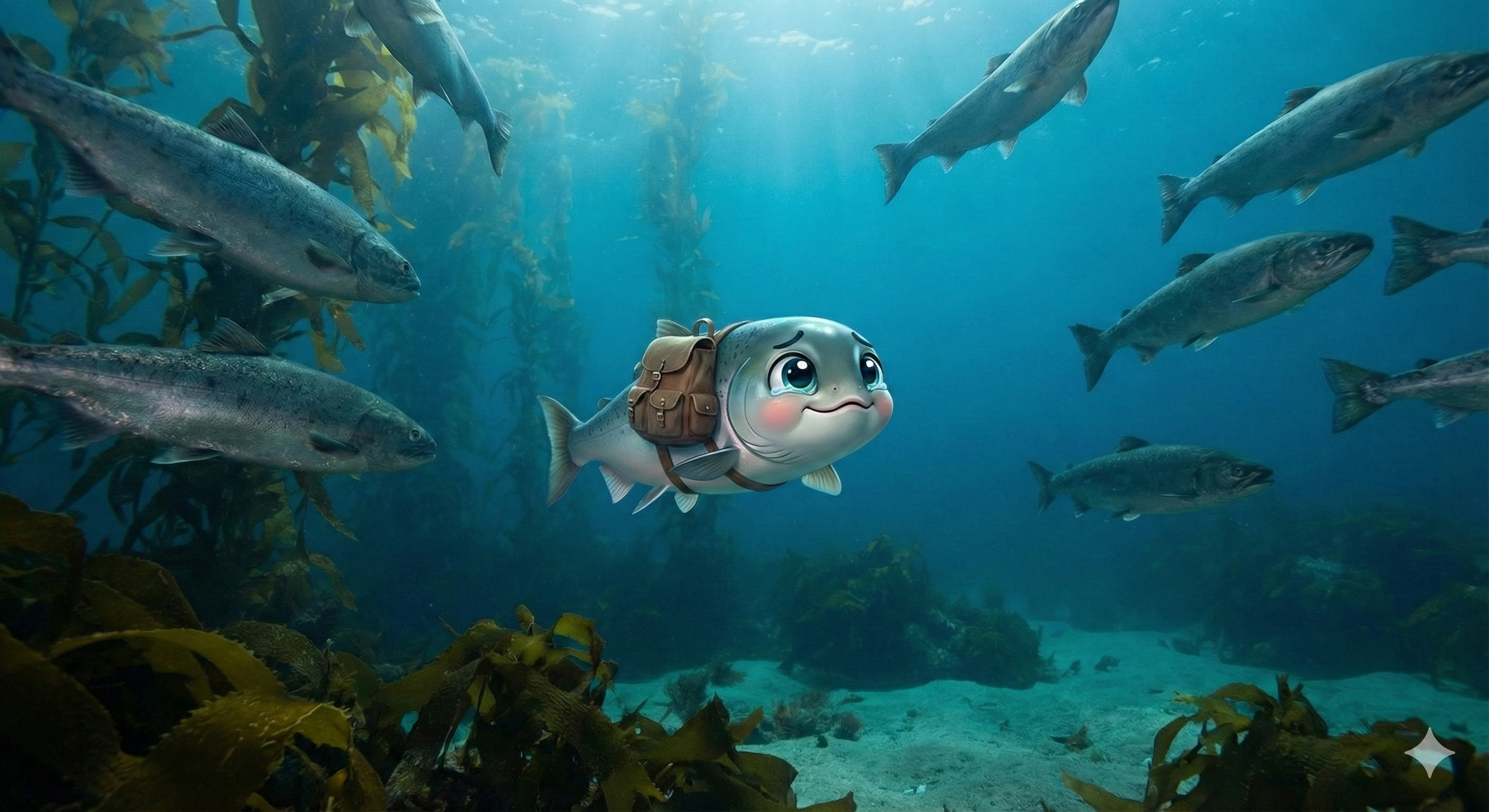 Animated fish with a cute face, large eyes, and a backpack swimming underwater among seaweed and other fish.