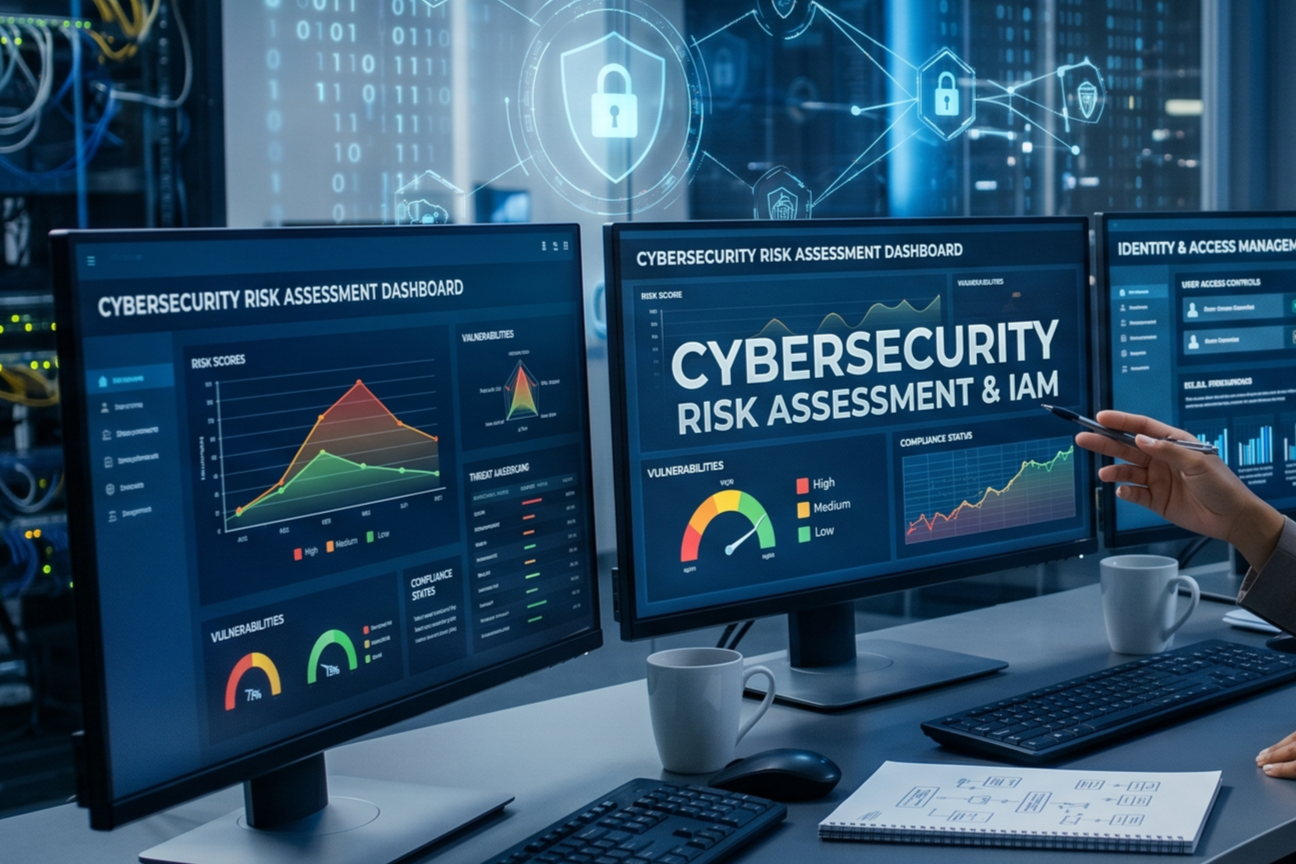 Three computer monitors displaying dashboards for cybersecurity risk assessment and management, with graphs, gauges, and icons indicating security and threat levels in a high-tech data center environment.