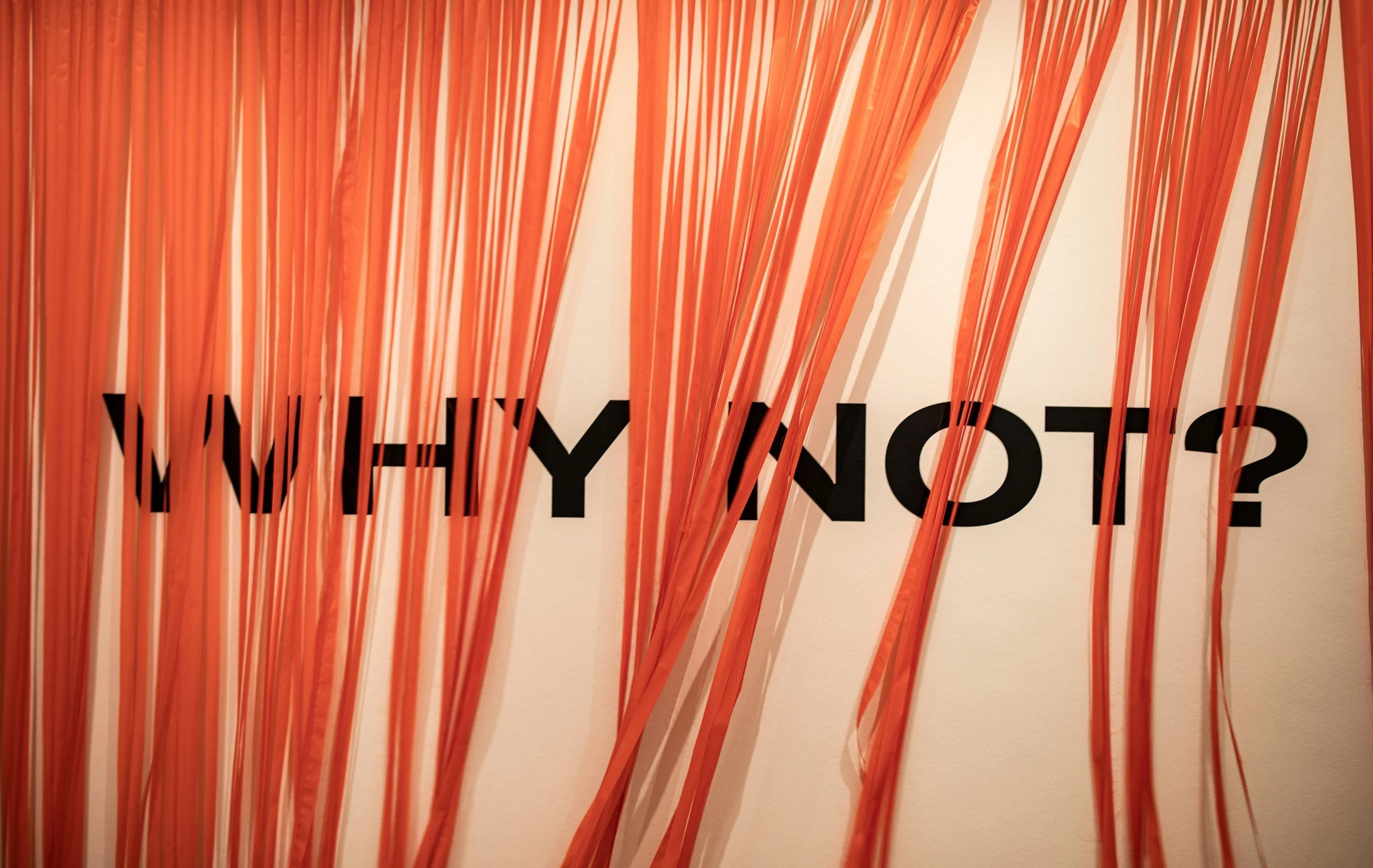 Red ribbon strips partially covering a sign with the text 'WHY NOT?'