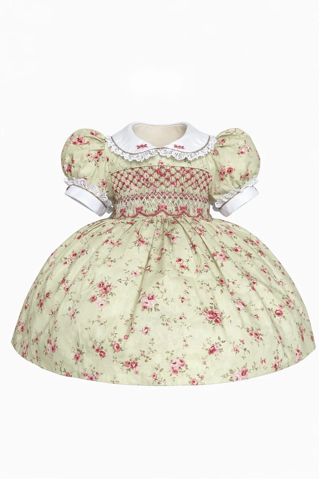 Vintage-style floral dress with puffed sleeves, lace details, and a Peter Pan collar.