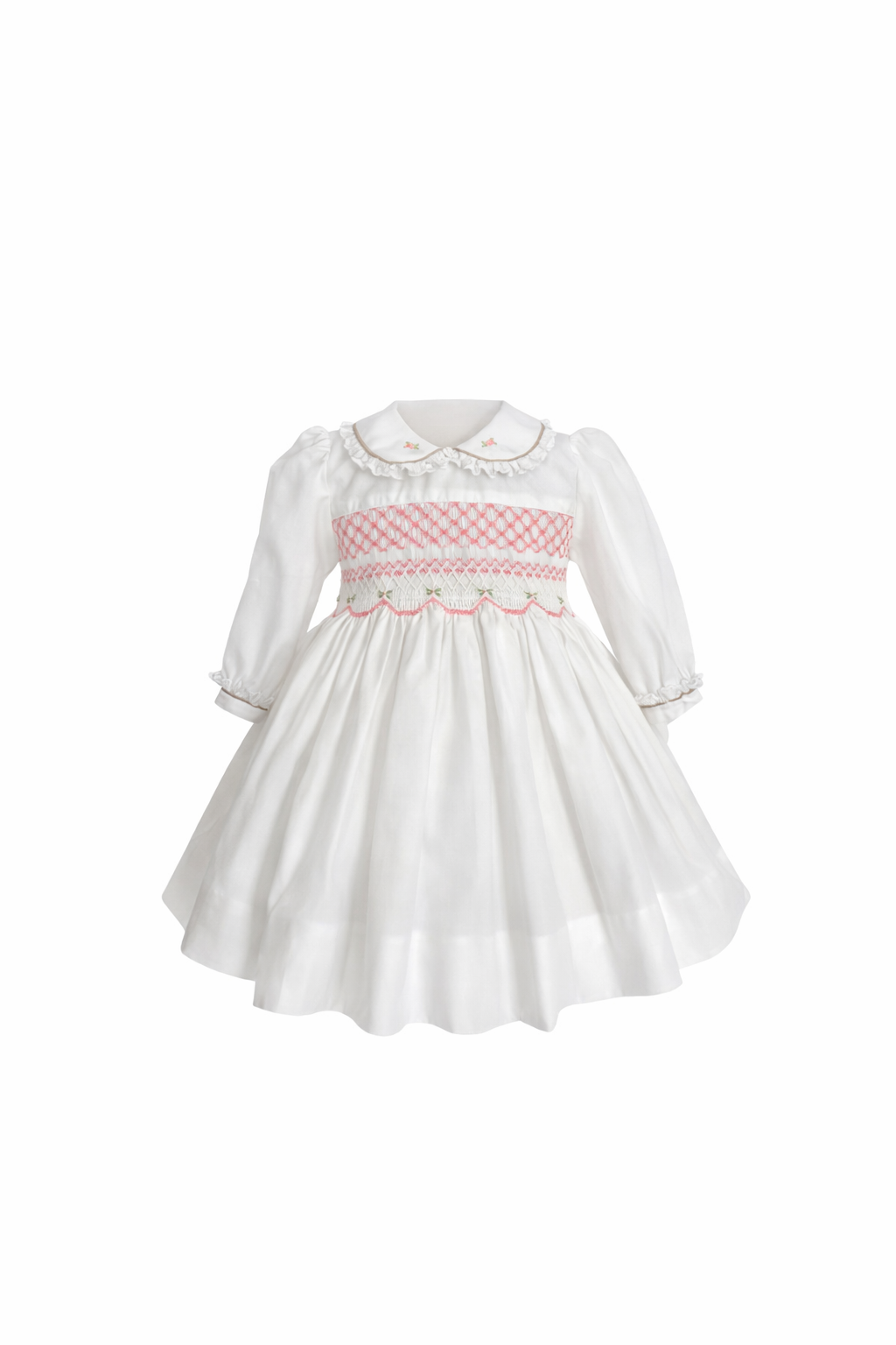 A white vintage dress with pink and green embroidery, high waist, long sleeves with gathered cuffs, and a peter pan collar with floral embroidery.