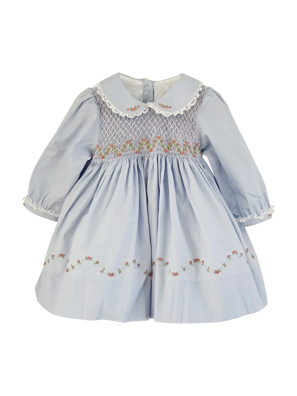 A light blue vintage dress with embroidered floral patterns, a Peter Pan collar, and puffed long sleeves.