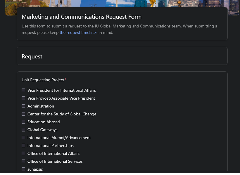 A screenshot of an intake form for Marketing and Communications Requests.  On screen you can see that there are multiple units that can request projects.