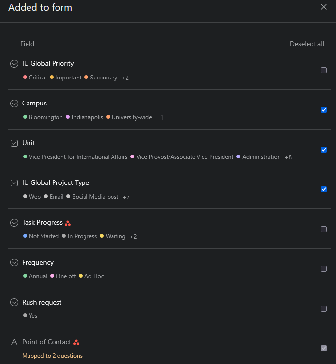 A screenshot showing custom fields added to a form. Fields include things like "Priority: critical/important/secondary/+2 more" and "Project type: Web/email/social/design/+6 more"