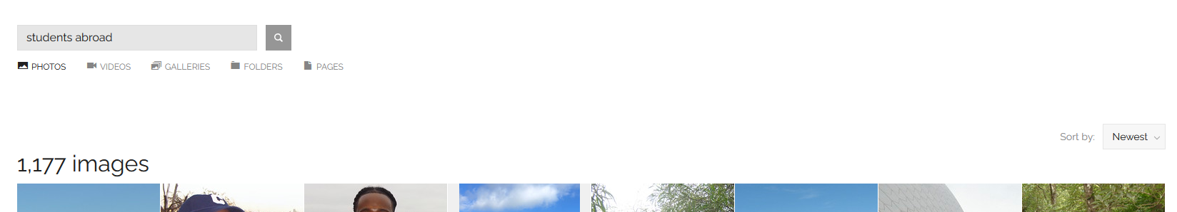 A screenshot of a photo library search window. It shows that the search term "students abroad" yields 1,177 photo results, all of students studying abroad.