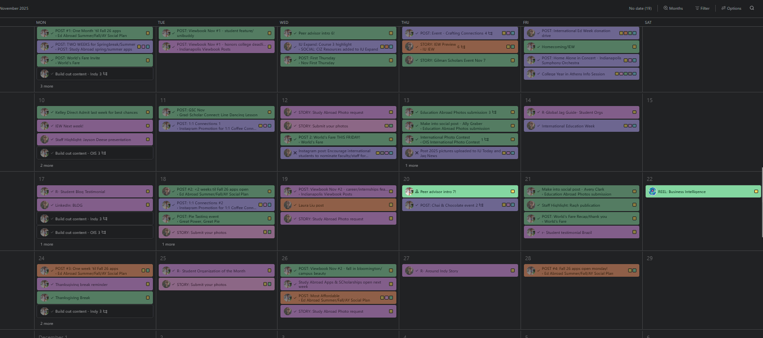 A screenshot of a social media planning calendar. Each day has 2-6 tasks that are color coded and assigned to two people. Two weeks are shown.