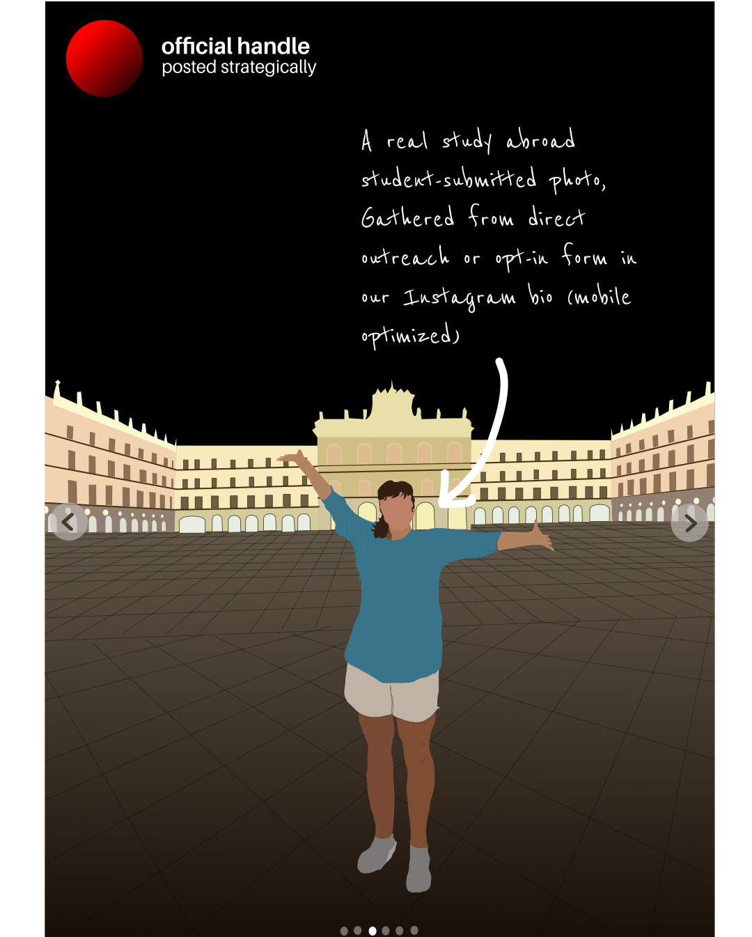 An illustration of an instagram post. Text reads "A real study abroad student submitted photo gathered from direct outreach or opt-in form on Instagram bio (mobile optimized)"