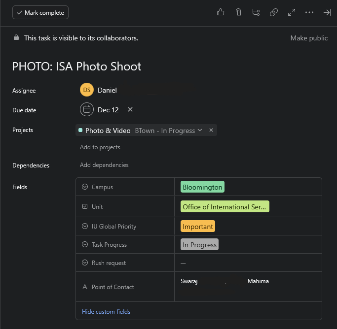 A screenshot of an Asana task, clearly showing the assignee, what project its in, and a series of custom tags.