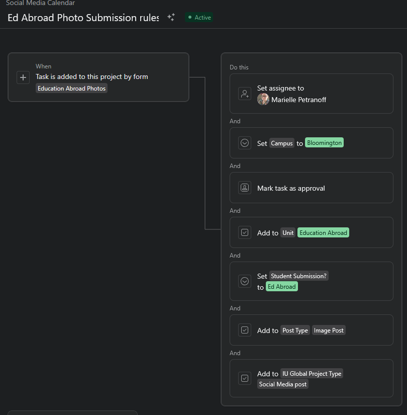A screenshot of a workflow titled "Ed Abroad Photo submission rules." The workflow walks through a series of if/then actions that change tags, assignments, and task types based on the information involved.