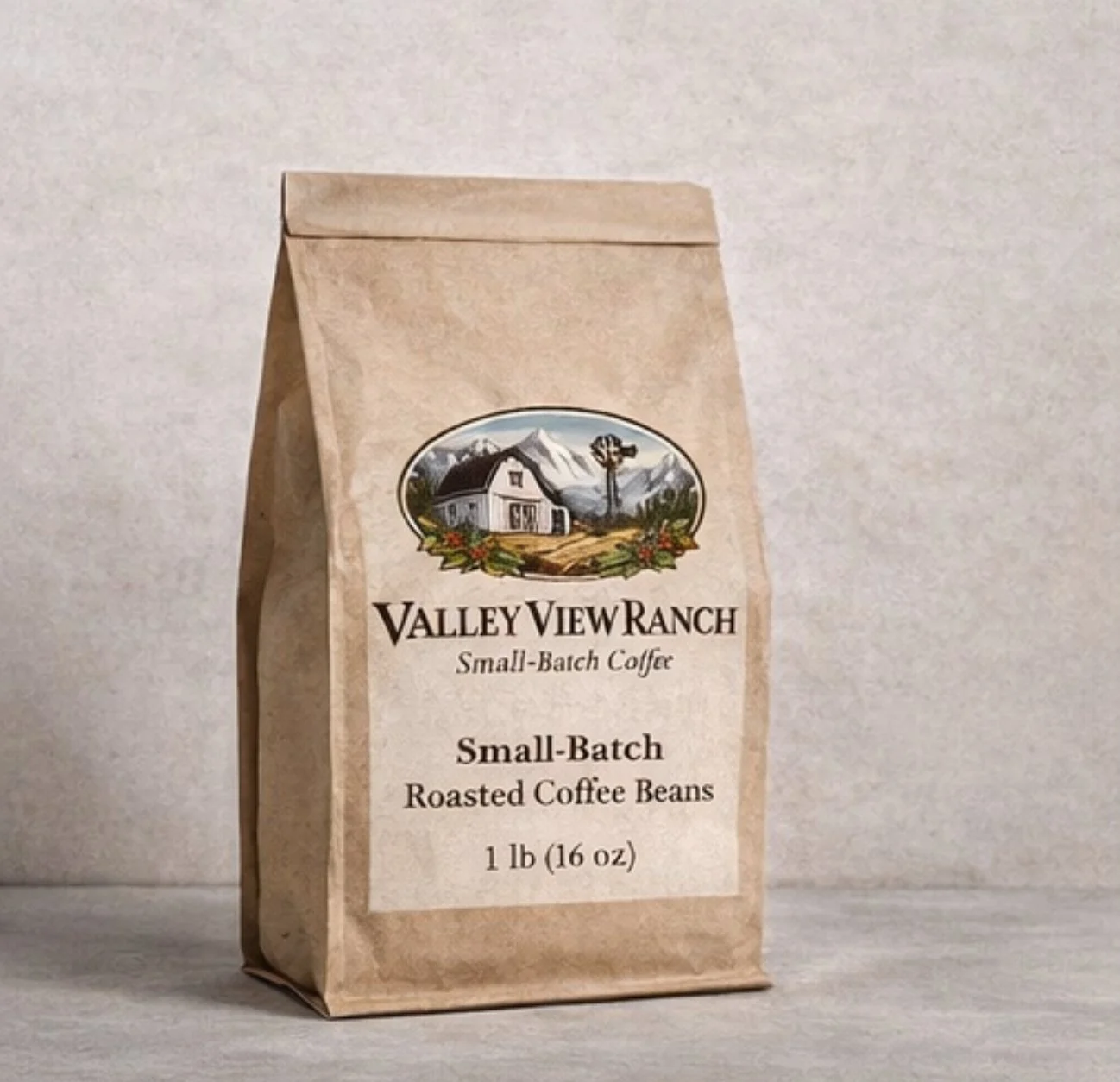 A brown paper bag of Valley View Ranch Small-Batch Roasted Coffee Beans, 1 lb (16 oz).
