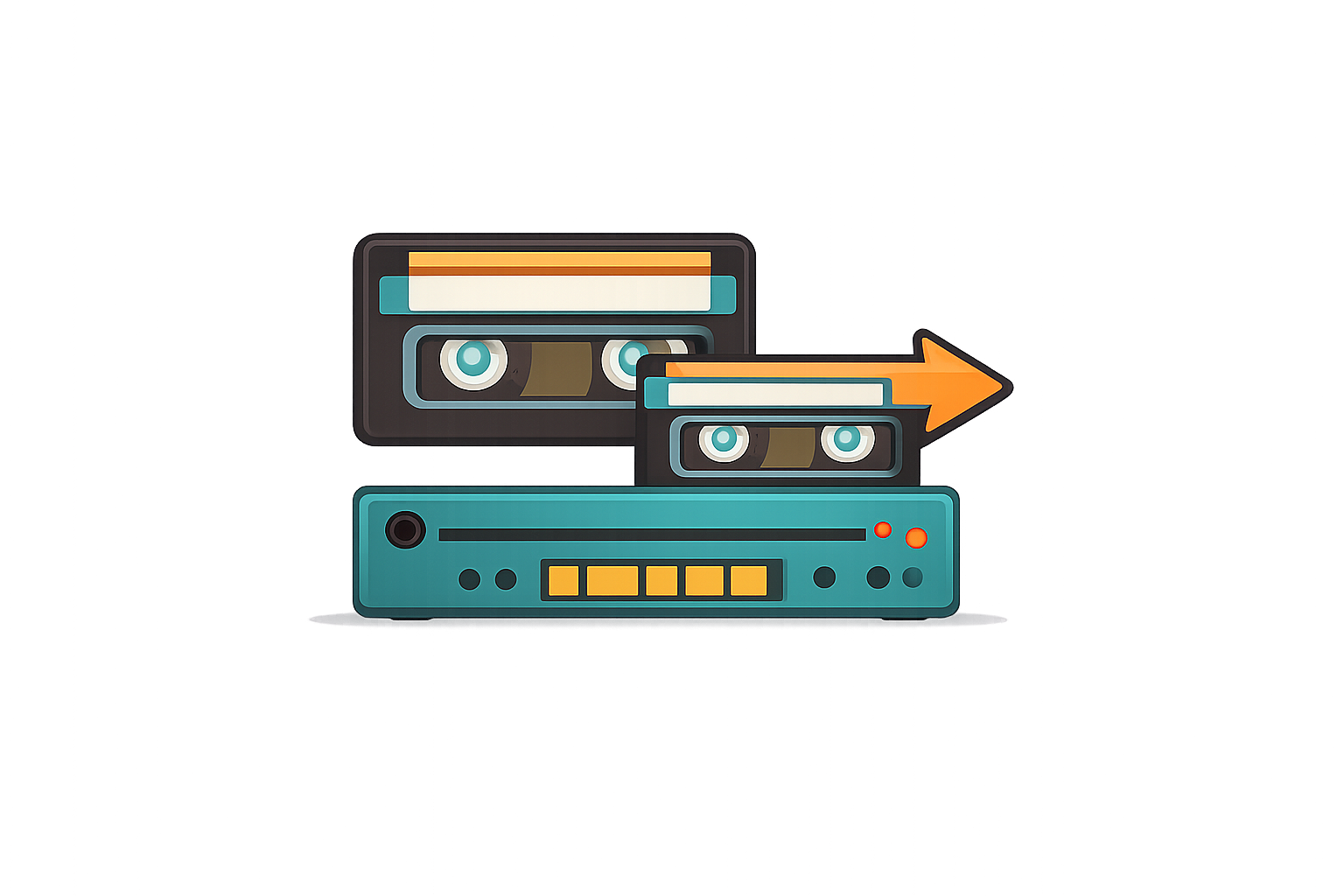 Illustration of a portable cassette tape recorder with two cassette tapes, one of which has an orange arrow pointing to the right.