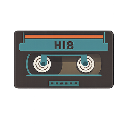 Illustration of a compact audio cassette tape labeled "HI8" with spools and magnetic tape inside a black plastic case.