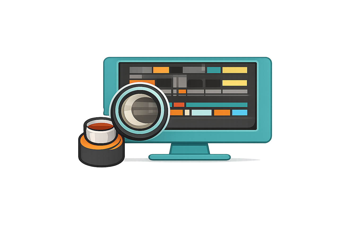 Digital illustration of a kitchen countertop with a computer monitor displaying a kitchen design, a roll of tape, and a magnifying glass.