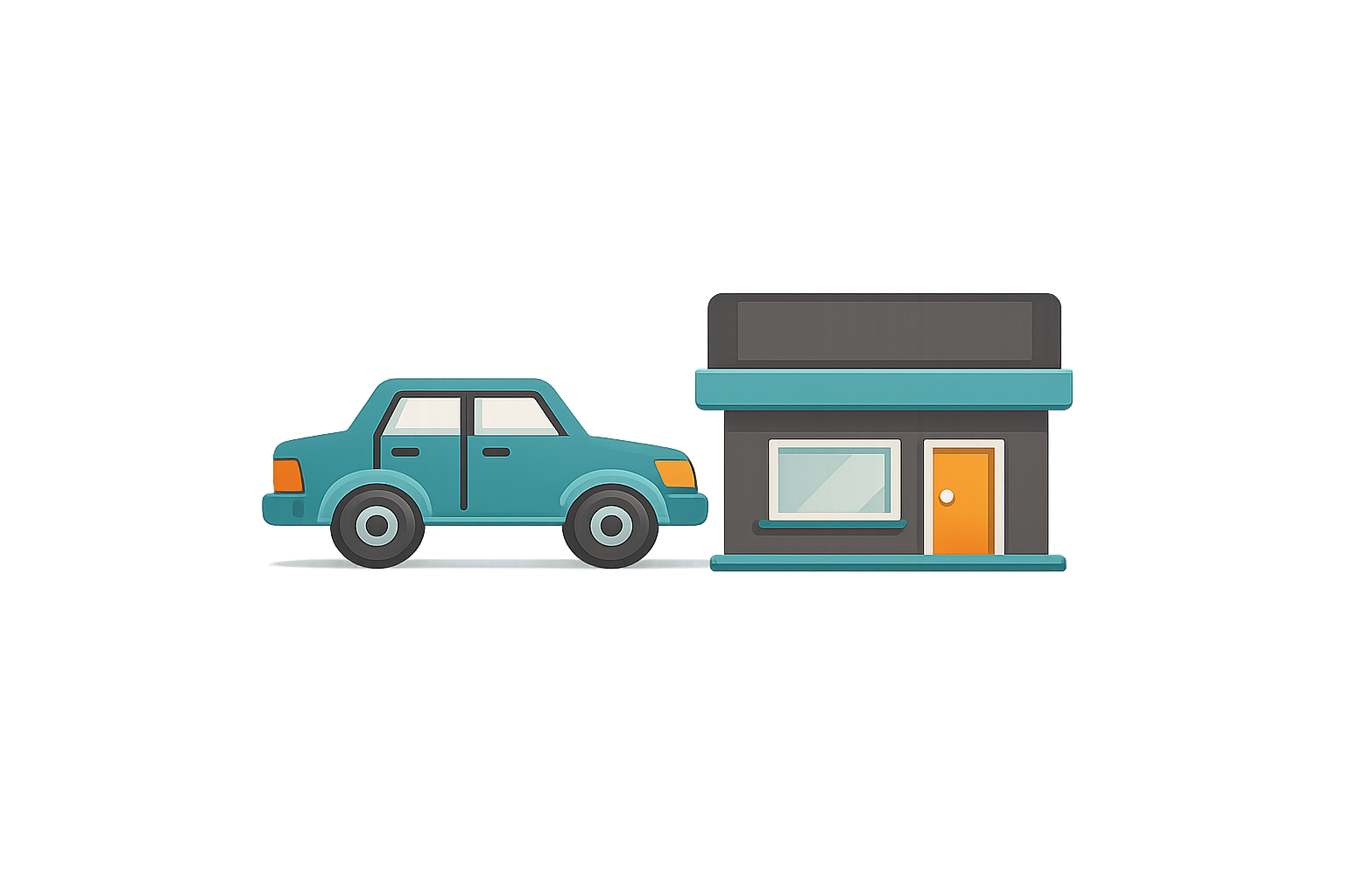 Illustration of a blue car parked outside a small gray and blue storefront with an orange door and large window, against a black background with colorful light streaks.