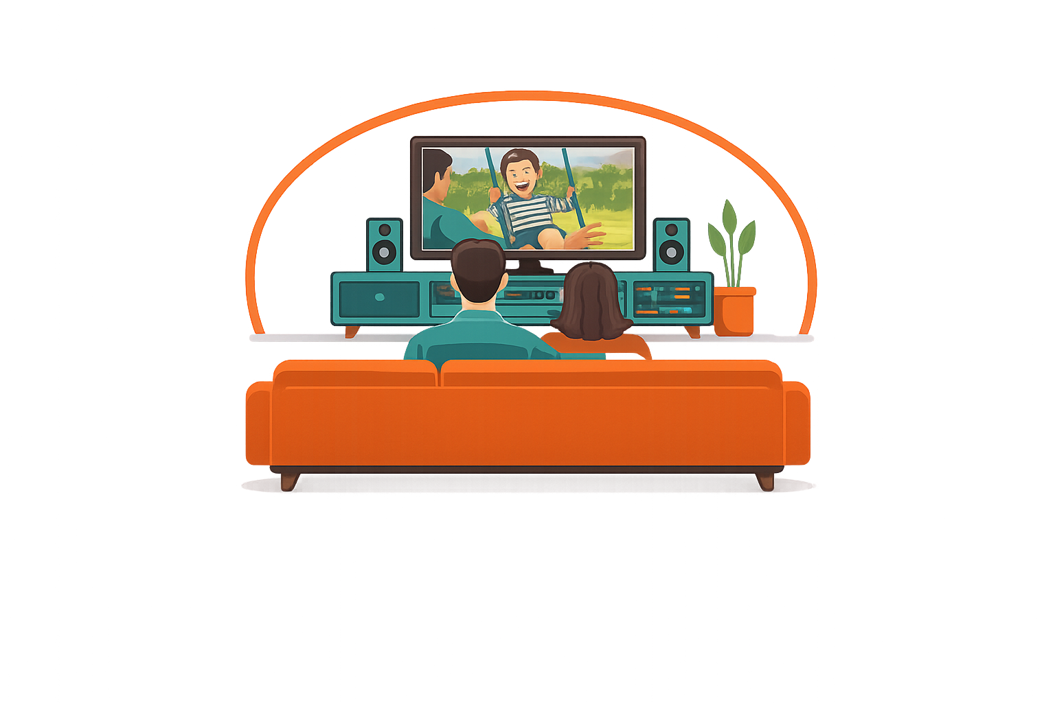 A family watching a movie on a flat-screen TV in a cozy living room, with two people seated on an orange sofa, a boy smiling on the screen, and decor including speakers and a potted plant.
