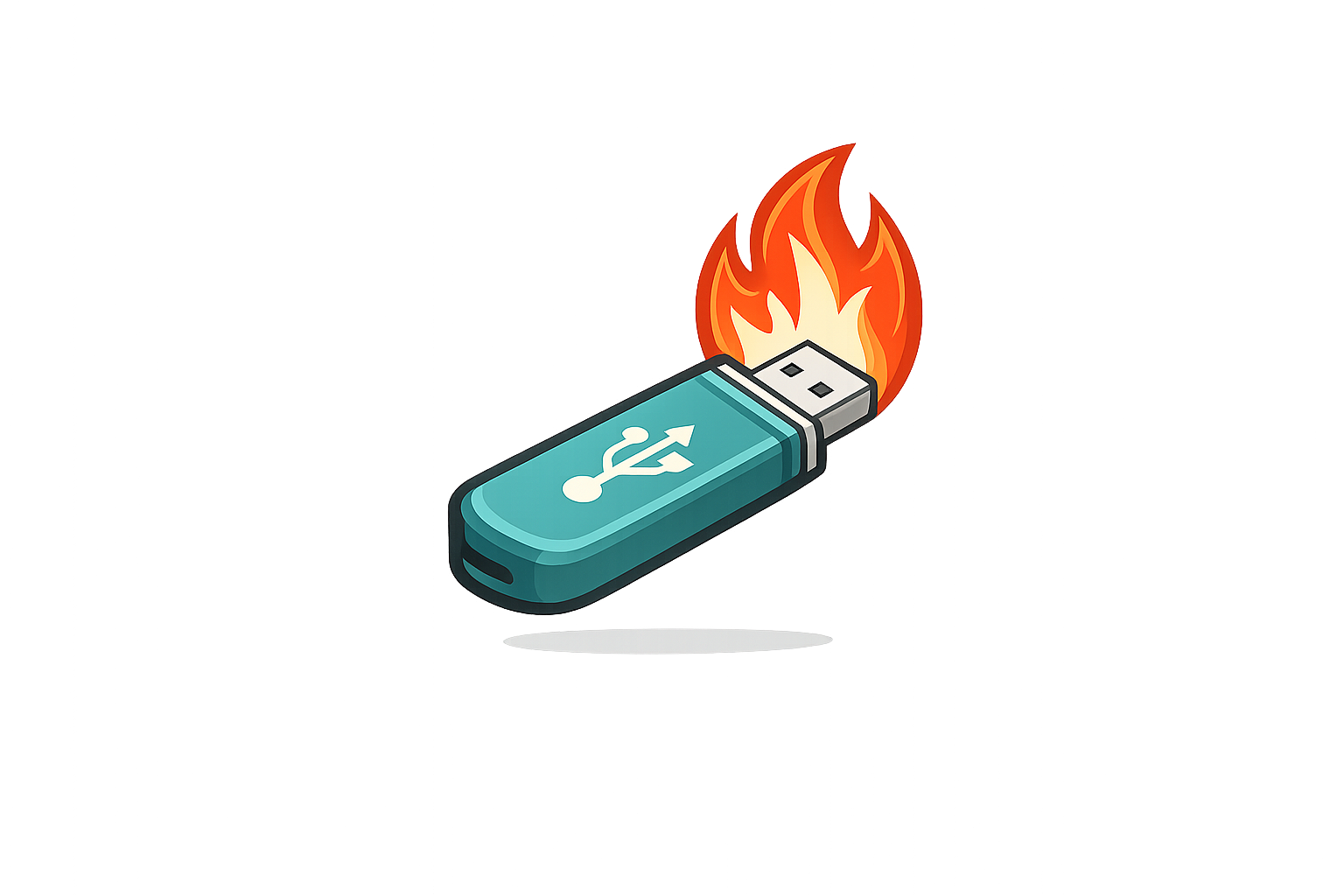 Illustration of a USB flash drive on fire, symbolizing data security risk or data loss.