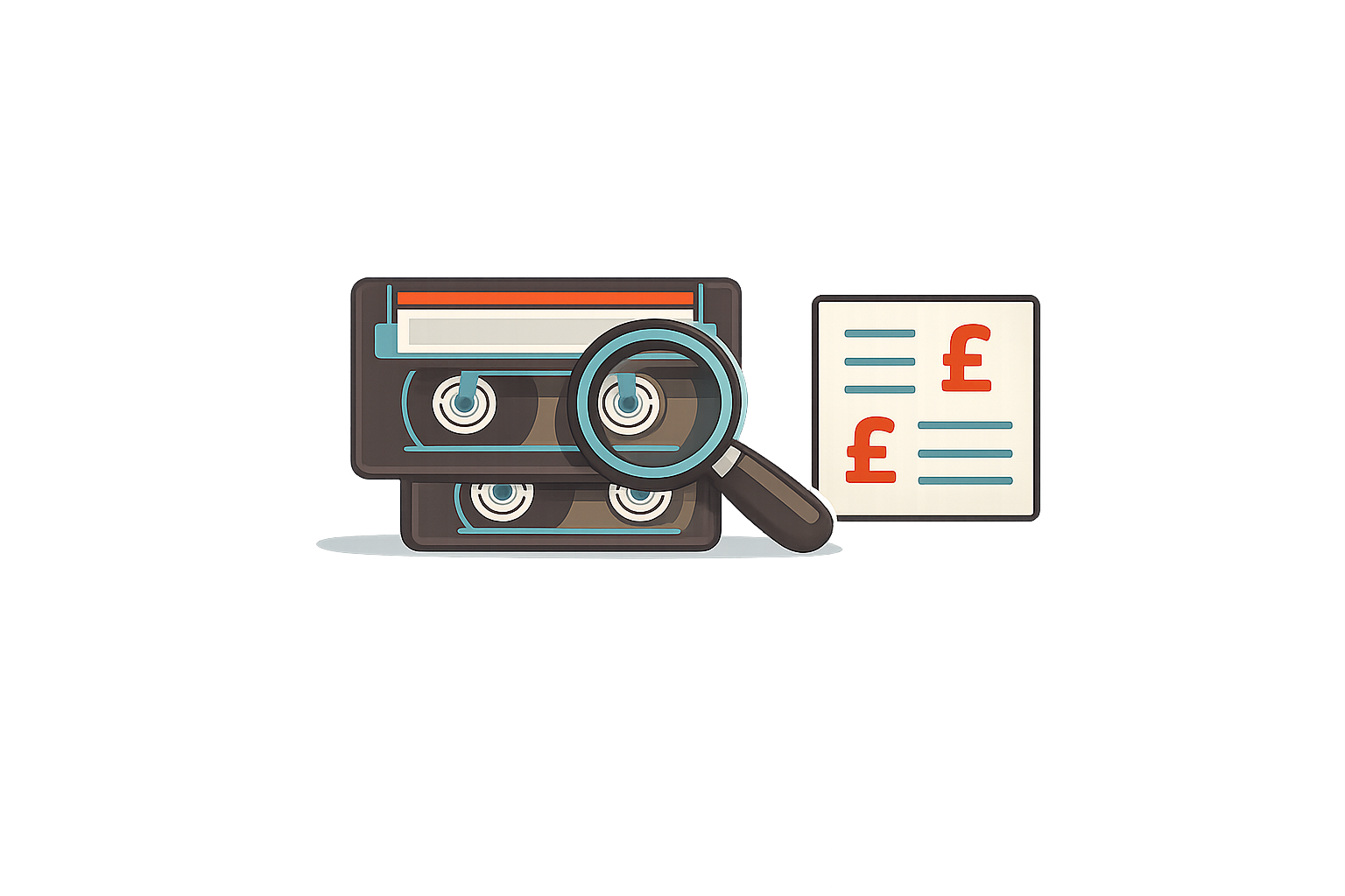 A digital illustration showing a magnifying glass examining a slot machine and a paper with British pound signs and lines indicating prices or costs.