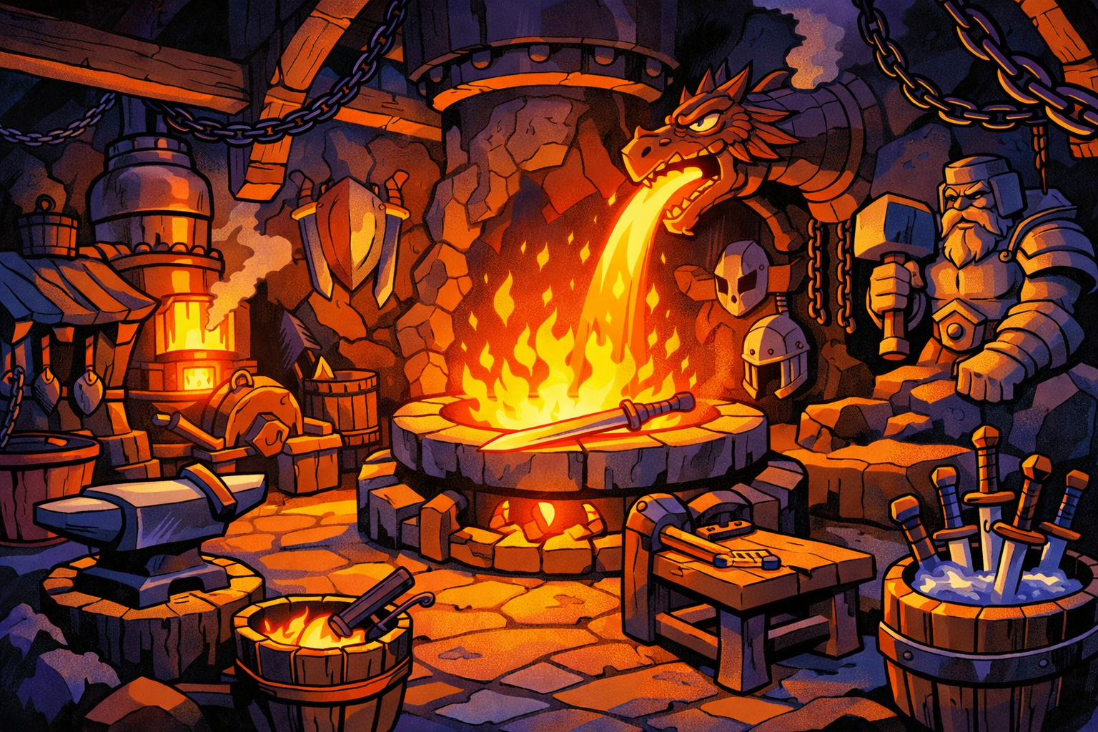 An animated blacksmith forge with a roaring fire, medieval armor, helmets, swords, and a dragon-shaped dragon's head with fire breathing, in a fantasy setting.