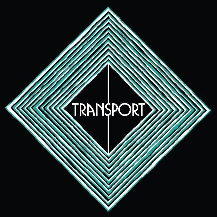 Retro neon sign with a diamond shape and concentric lines, displaying the word 'TRANSPORT' in the center.