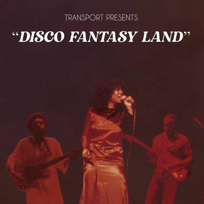 A vintage promotional poster for a concert called 'Disco Fantasy Land,' presented by Transport. The poster features a woman singing into a microphone with two musicians playing guitar on stage, under dim red lighting.