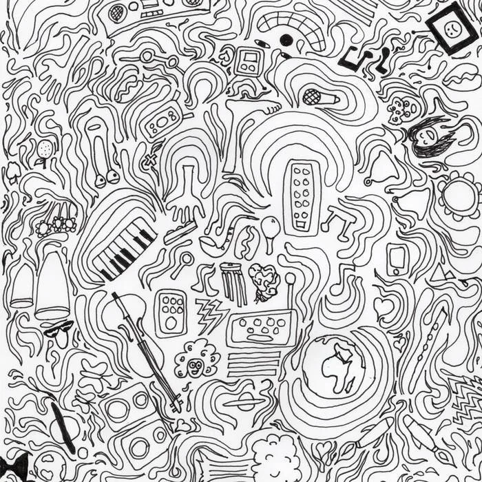 A black and white doodle featuring various objects including musical instruments, a moon, a face, a telephone, a heart, a city skyline, and abstract shapes.