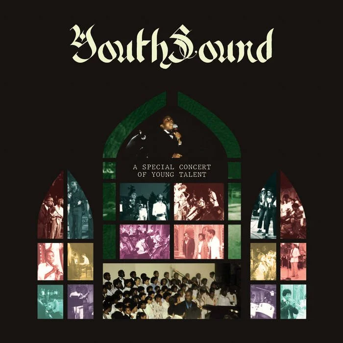 Album cover titled 'Youth Sound' for a special concert of young talent featuring a stained glass window design with photos of young performers in different colors and a central image of a young person singing.