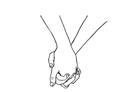 A black and white line drawing of a human hand pointing downwards.