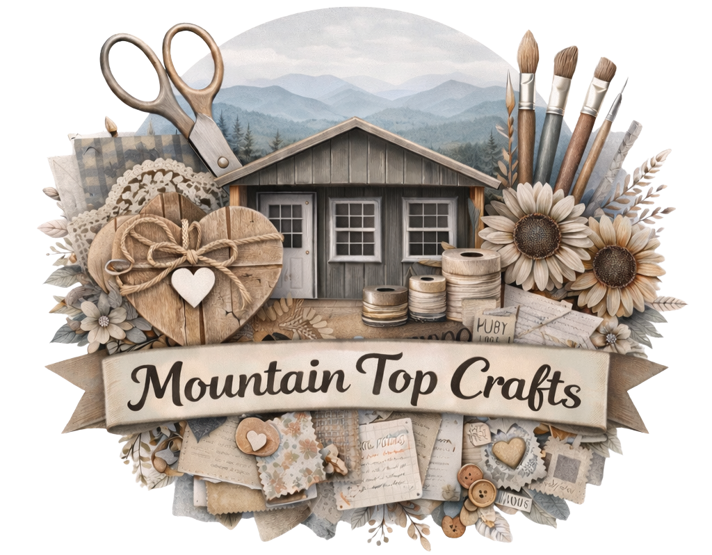A collage of craft supplies, a small wooden house, and flowers with the text "Mountain Top Crafts" on a ribbon banner.