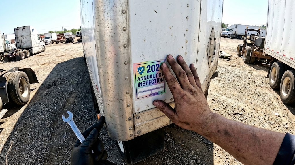 Mobile mechanic applying annual DOT inspection sticker to commercial trailer after passing BIT inspection in Sacramento fleet yard
