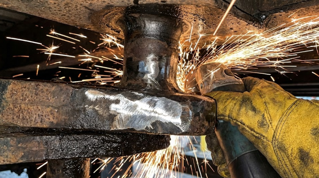 Close up of mobile welder performing semi trailer kingpin plate replacement and structural steel fabrication