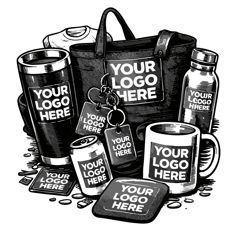Black and white illustration of promotional items including cans, a mug, a bottle, and a tote bag, all with placeholder text 'Your Logo Here' for custom branding.