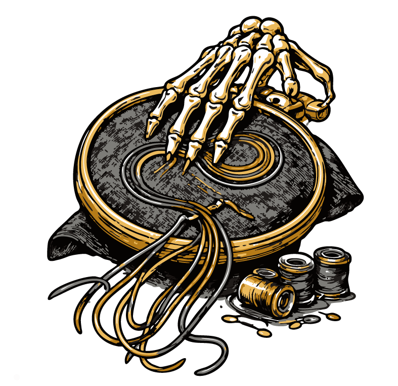 A skeleton hand reaching for a DJ turntable with wires and spools nearby, depicted with gold and black colors.